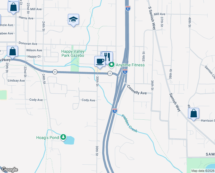 map of restaurants, bars, coffee shops, grocery stores, and more near 3113 Lindsay Avenue in Bellingham