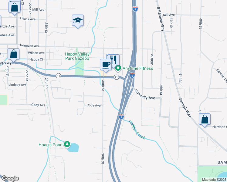 map of restaurants, bars, coffee shops, grocery stores, and more near 3113 Lindsay Avenue in Bellingham