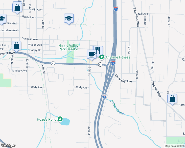 map of restaurants, bars, coffee shops, grocery stores, and more near 3002 Old Fairhaven Parkway in Bellingham