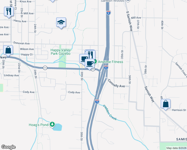 map of restaurants, bars, coffee shops, grocery stores, and more near 3113 Lindsay Avenue in Bellingham