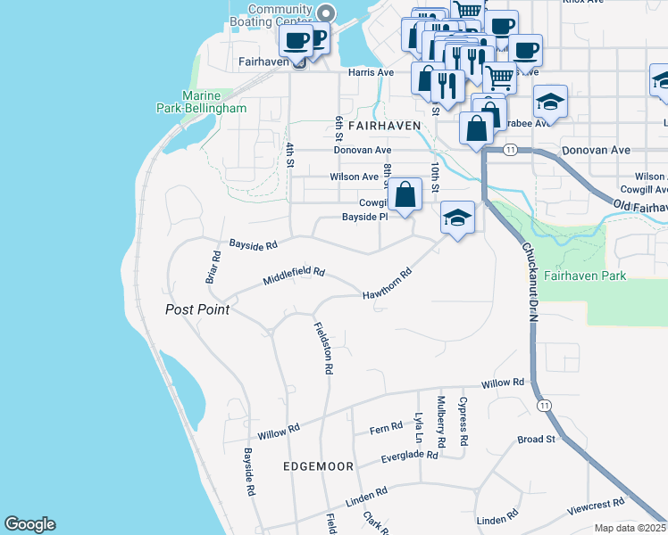 map of restaurants, bars, coffee shops, grocery stores, and more near 213 Middlefield Road in Bellingham