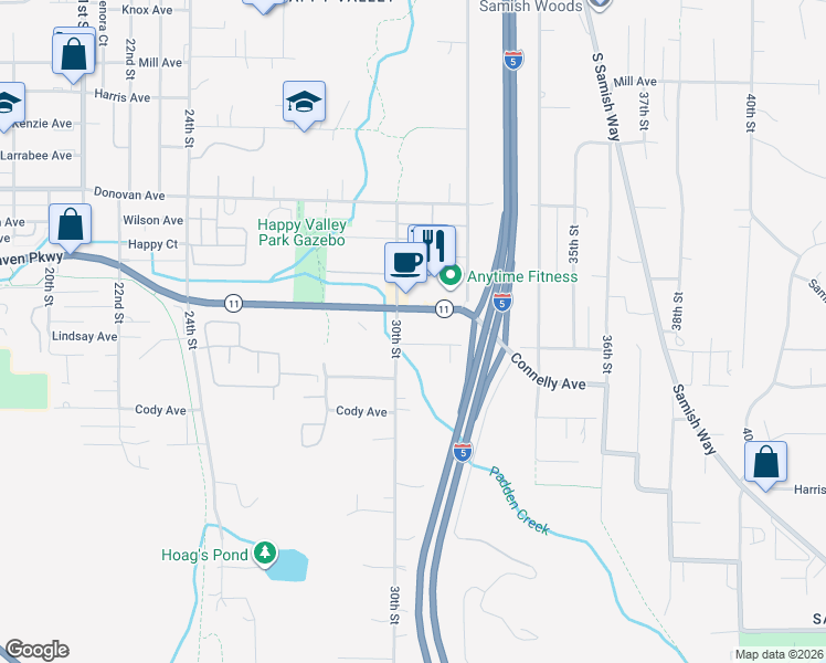 map of restaurants, bars, coffee shops, grocery stores, and more near 3002 Old Fairhaven Parkway in Bellingham