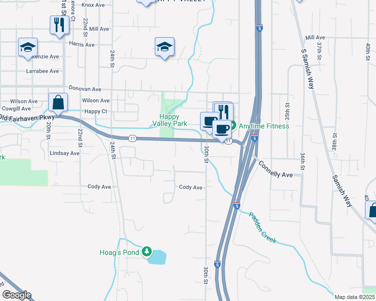 map of restaurants, bars, coffee shops, grocery stores, and more near 2818 Old Fairhaven Parkway in Bellingham