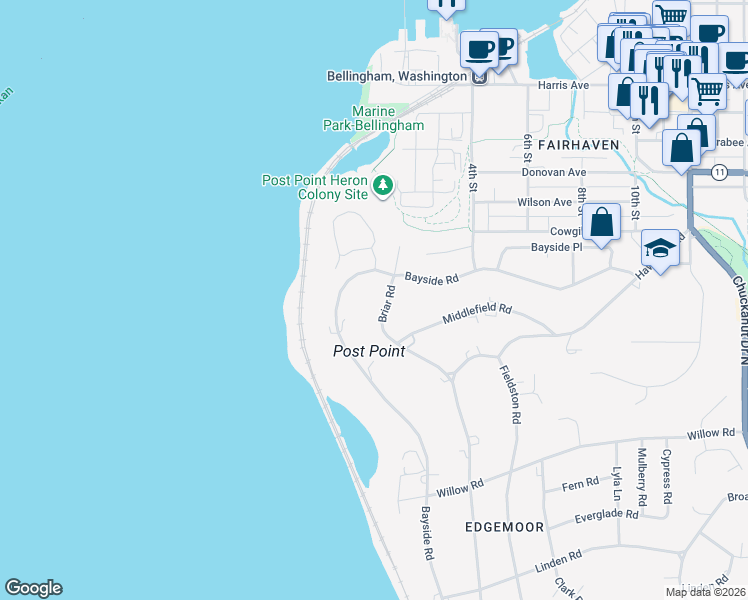 map of restaurants, bars, coffee shops, grocery stores, and more near 282 Briar Road in Bellingham