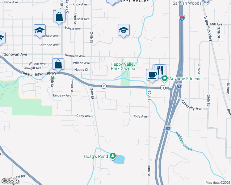 map of restaurants, bars, coffee shops, grocery stores, and more near 2600 Old Fairhaven Parkway in Bellingham