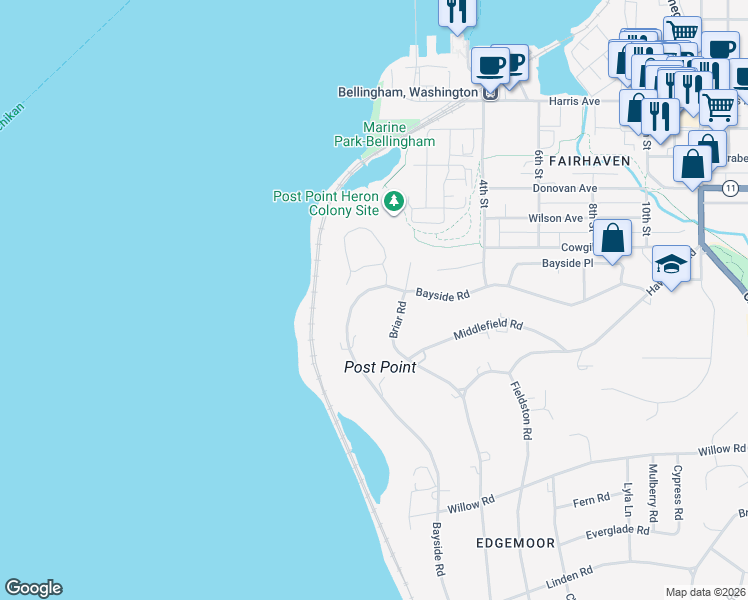 map of restaurants, bars, coffee shops, grocery stores, and more near 282 Briar Road in Bellingham