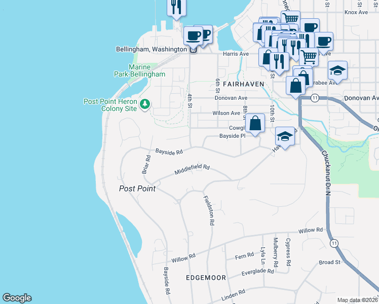 map of restaurants, bars, coffee shops, grocery stores, and more near 228 Bayside Road in Bellingham
