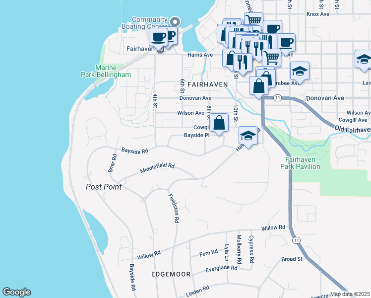 map of restaurants, bars, coffee shops, grocery stores, and more near 213 Bayside Road in Bellingham