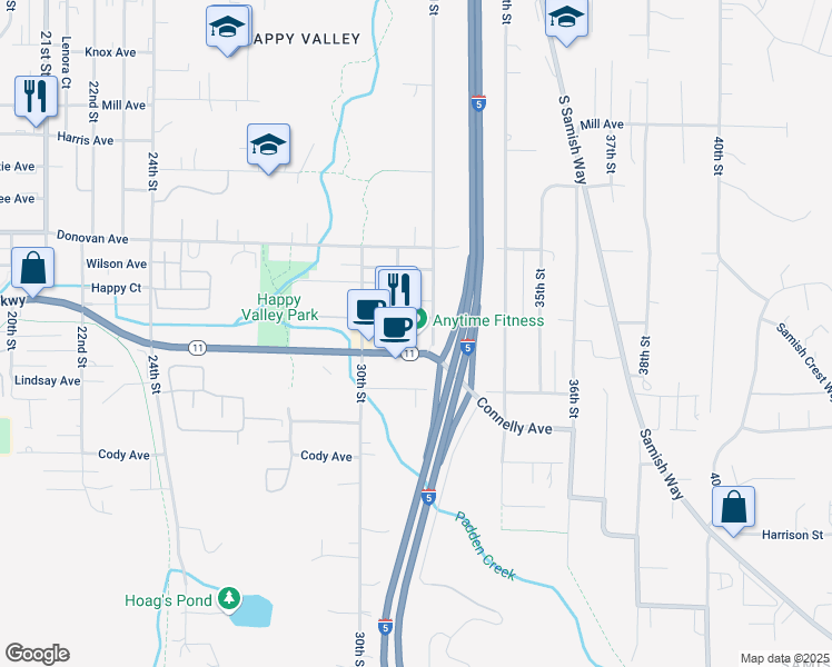 map of restaurants, bars, coffee shops, grocery stores, and more near 3119 Cowgill Avenue in Bellingham