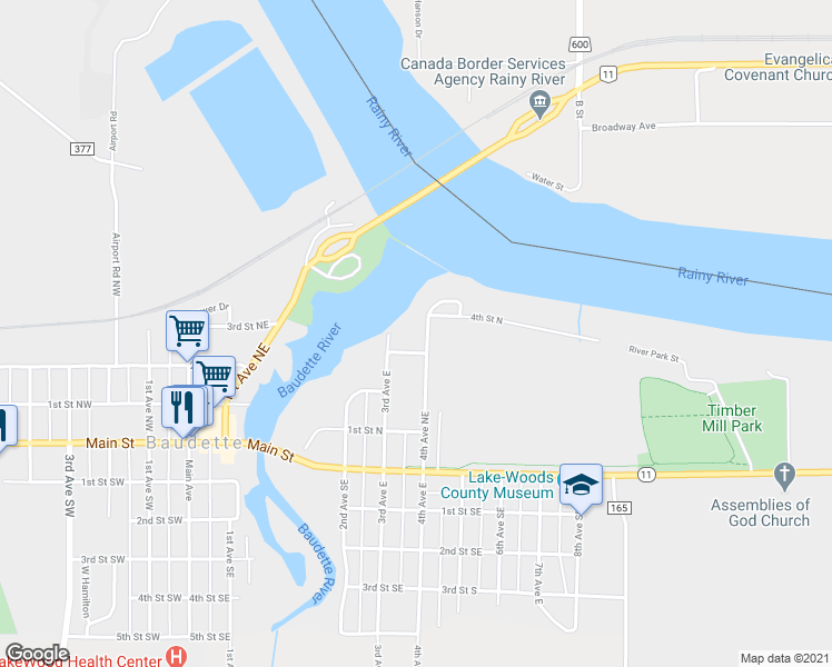 map of restaurants, bars, coffee shops, grocery stores, and more near 413 4th Avenue Northeast in Baudette