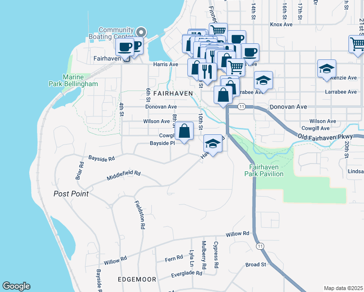 map of restaurants, bars, coffee shops, grocery stores, and more near 105 Bayside Place in Bellingham