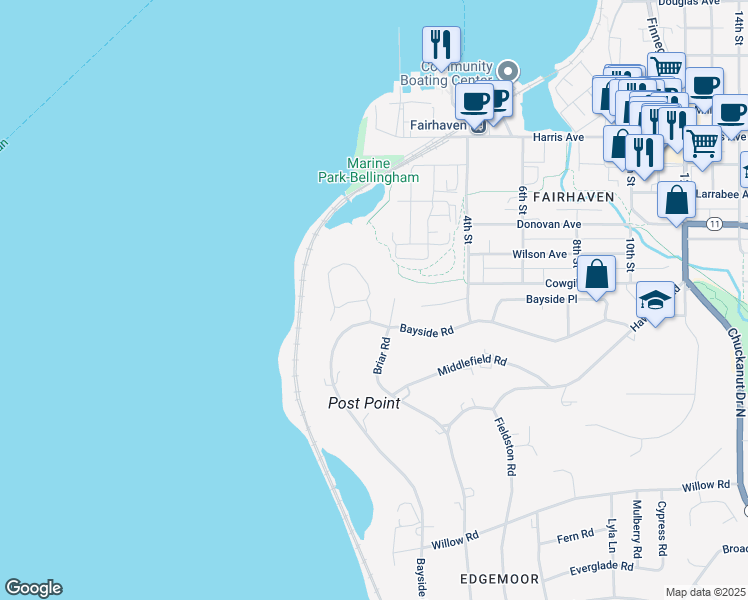 map of restaurants, bars, coffee shops, grocery stores, and more near 4 Shorewood Drive in Bellingham
