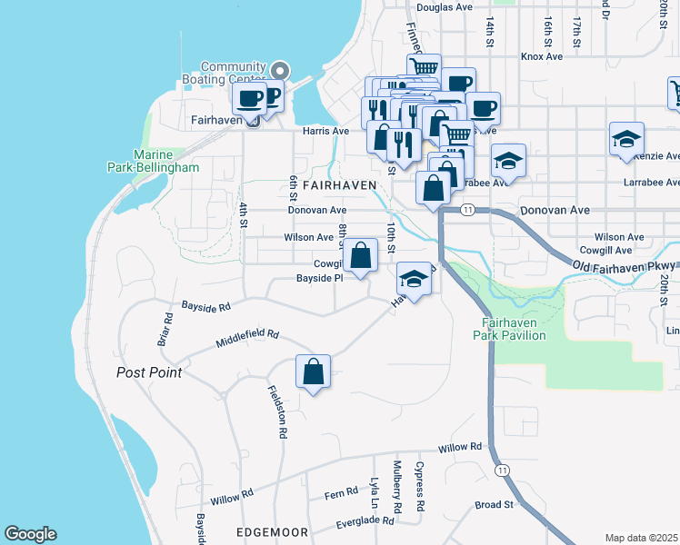 map of restaurants, bars, coffee shops, grocery stores, and more near 105 Bayside Place in Bellingham