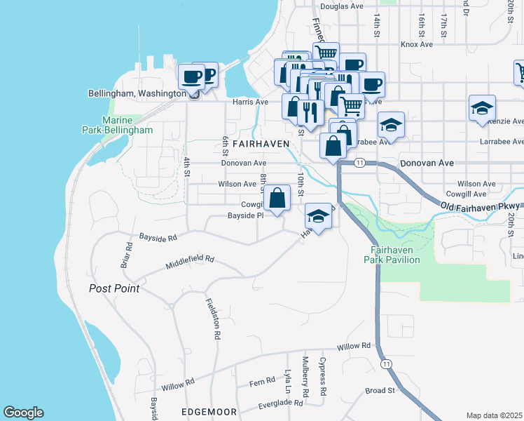 map of restaurants, bars, coffee shops, grocery stores, and more near 105 Bayside Place in Bellingham