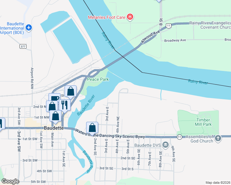 map of restaurants, bars, coffee shops, grocery stores, and more near 413 4th Avenue Northeast in Baudette