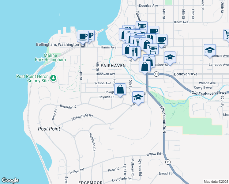 map of restaurants, bars, coffee shops, grocery stores, and more near 3405 8th Street in Bellingham