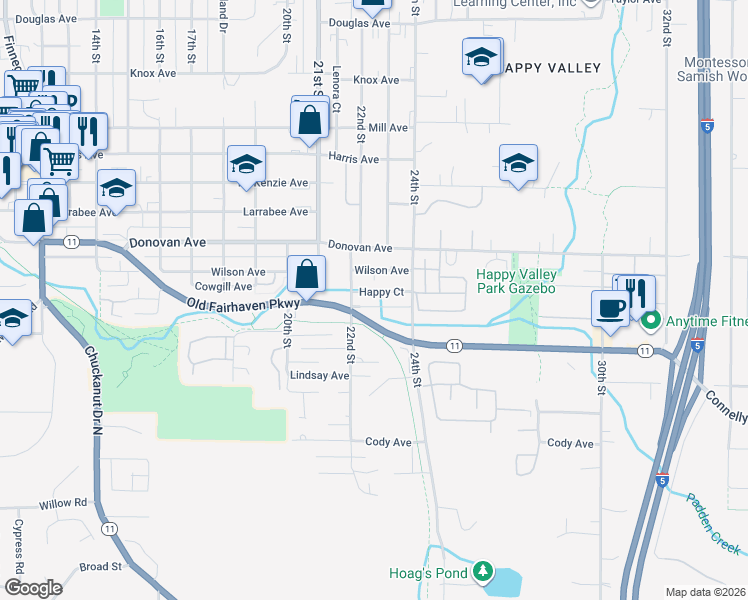 map of restaurants, bars, coffee shops, grocery stores, and more near 2218 Happy Court in Bellingham