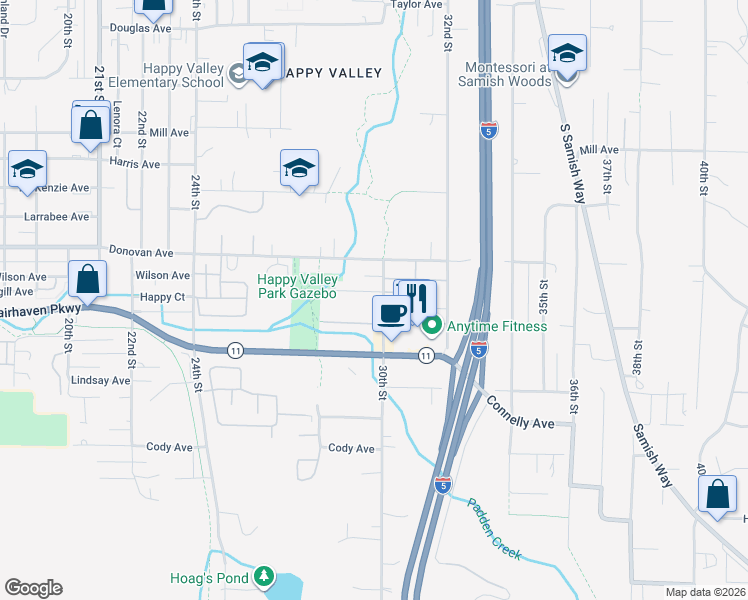 map of restaurants, bars, coffee shops, grocery stores, and more near 2918 Wilson Avenue in Bellingham