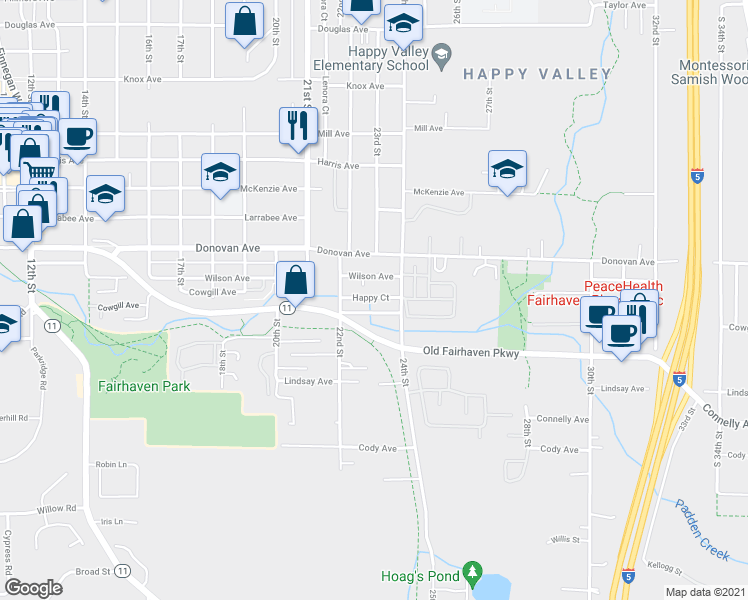 map of restaurants, bars, coffee shops, grocery stores, and more near 1812 24th Street in Bellingham