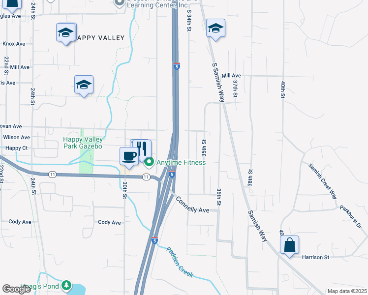 map of restaurants, bars, coffee shops, grocery stores, and more near 1600 South 34th Street in Bellingham