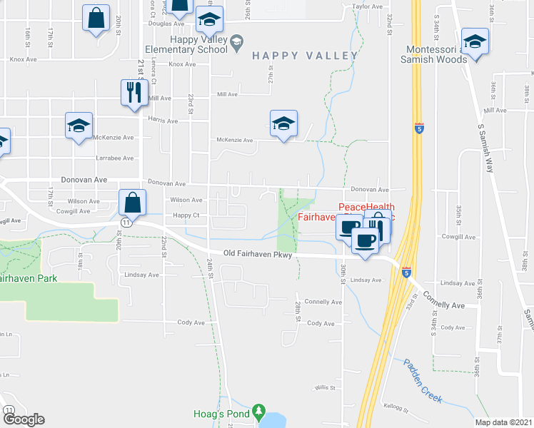 map of restaurants, bars, coffee shops, grocery stores, and more near 2608 Donovan Avenue in Bellingham