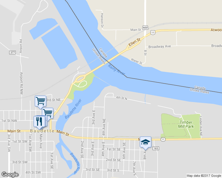 map of restaurants, bars, coffee shops, grocery stores, and more near 510 Tower Drive in Baudette