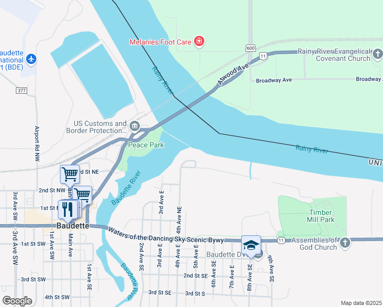 map of restaurants, bars, coffee shops, grocery stores, and more near 510 Tower Drive in Baudette