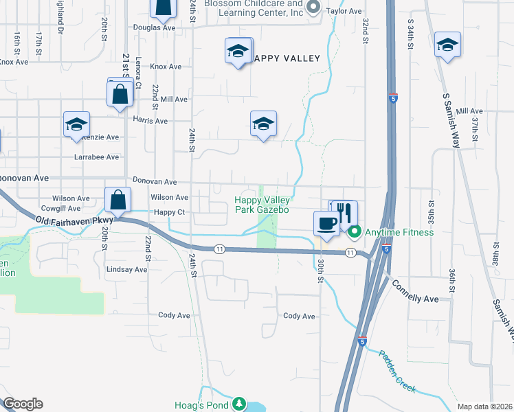 map of restaurants, bars, coffee shops, grocery stores, and more near 2608 Donovan Avenue in Bellingham