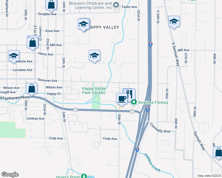 map of restaurants, bars, coffee shops, grocery stores, and more near 2900 Donovan Avenue in Bellingham