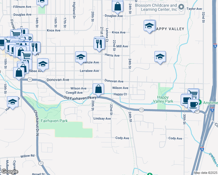 map of restaurants, bars, coffee shops, grocery stores, and more near 1613 21st Street in Bellingham