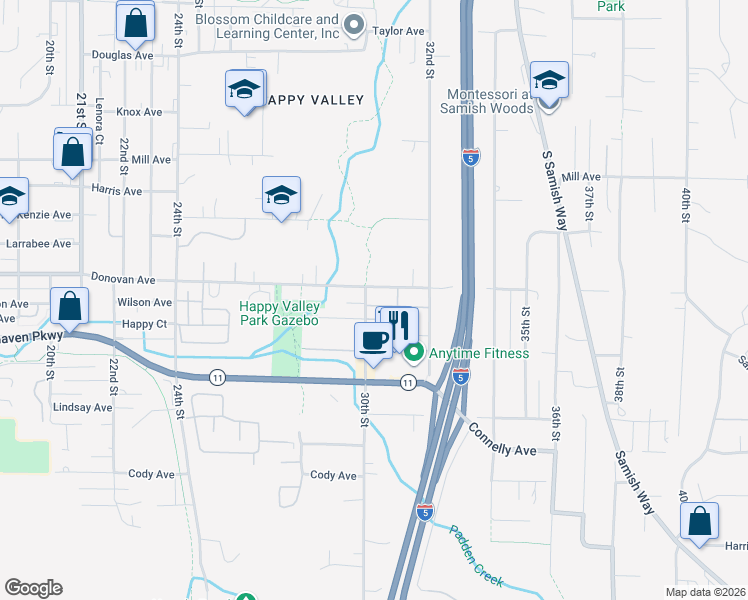 map of restaurants, bars, coffee shops, grocery stores, and more near 1611 30th Street in Bellingham