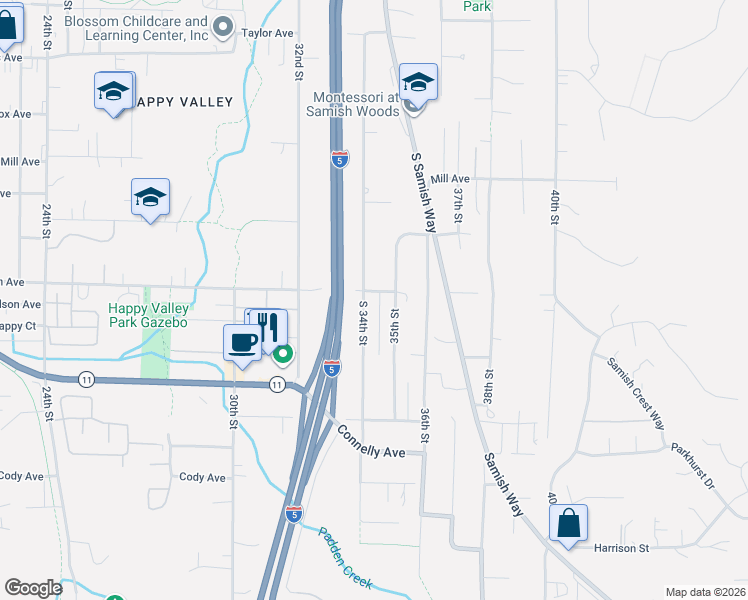 map of restaurants, bars, coffee shops, grocery stores, and more near 3410 Donovan Avenue in Bellingham