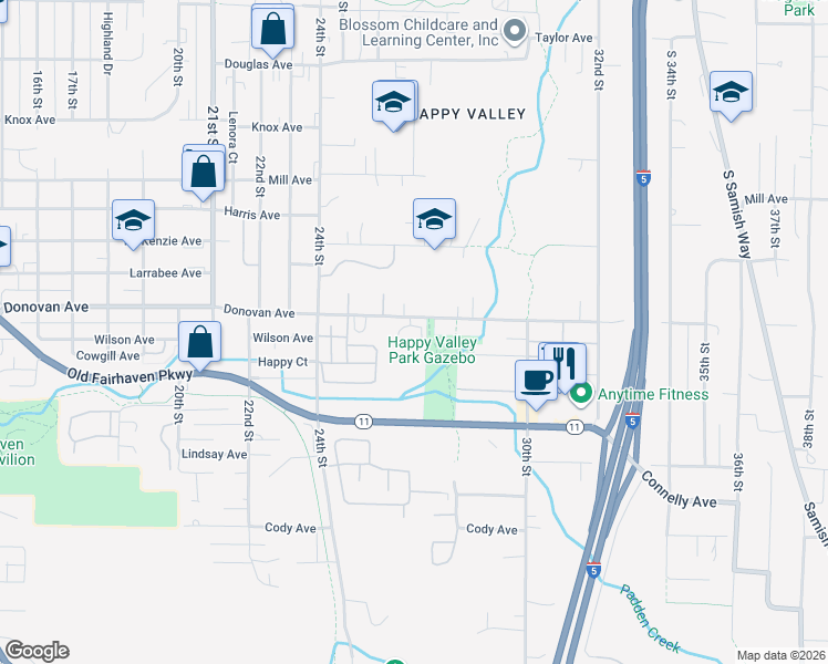 map of restaurants, bars, coffee shops, grocery stores, and more near 2608 Donovan Avenue in Bellingham