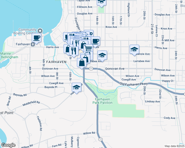 map of restaurants, bars, coffee shops, grocery stores, and more near 1306 Old Fairhaven Parkway in Bellingham