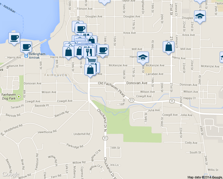 map of restaurants, bars, coffee shops, grocery stores, and more near 1415 Wilson Avenue in Bellingham
