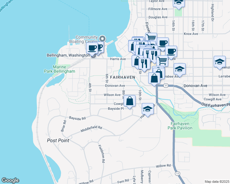 map of restaurants, bars, coffee shops, grocery stores, and more near 701 Wilson Avenue in Bellingham