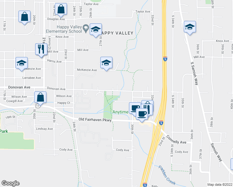 map of restaurants, bars, coffee shops, grocery stores, and more near 2720 Donovan Avenue in Bellingham