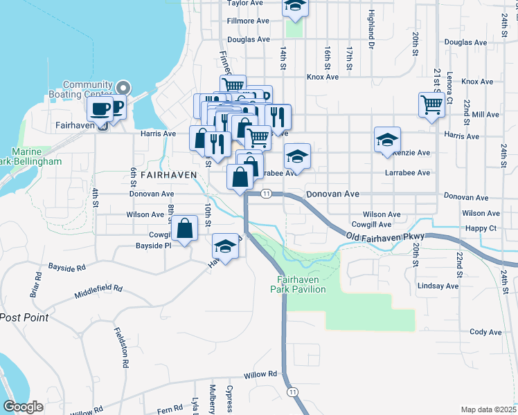map of restaurants, bars, coffee shops, grocery stores, and more near 1609 12th Street in Bellingham