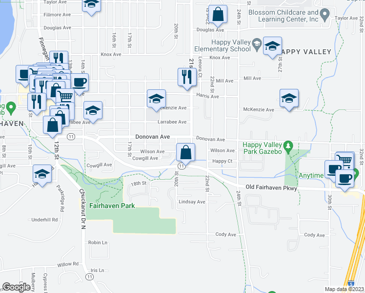 map of restaurants, bars, coffee shops, grocery stores, and more near 2007 Wilson Avenue in Bellingham