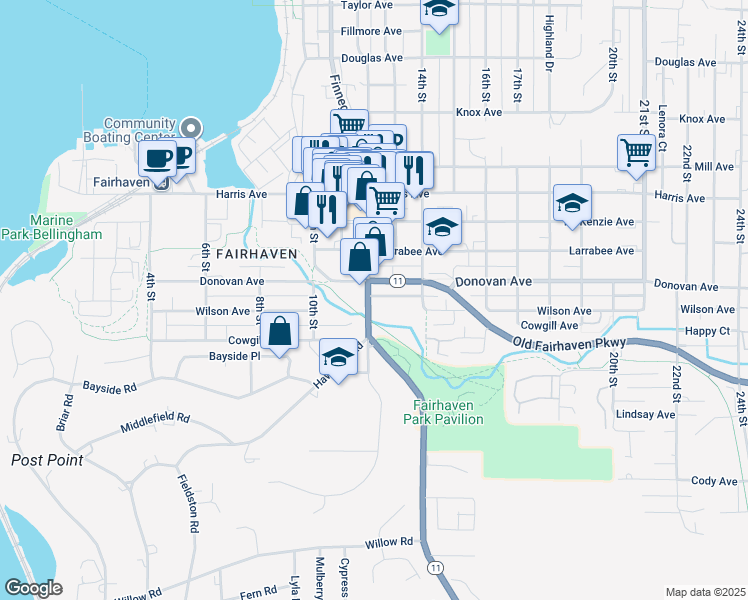map of restaurants, bars, coffee shops, grocery stores, and more near 1609 12th Street in Bellingham