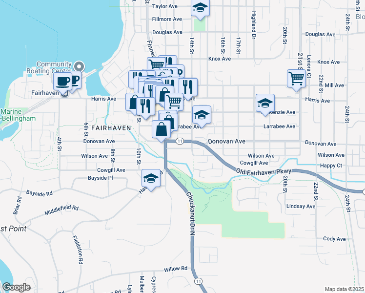 map of restaurants, bars, coffee shops, grocery stores, and more near 1310 Old Fairhaven Parkway in Bellingham
