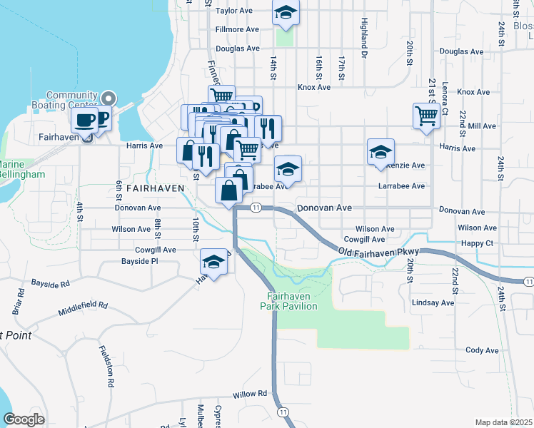 map of restaurants, bars, coffee shops, grocery stores, and more near 1306 Old Fairhaven Parkway in Bellingham