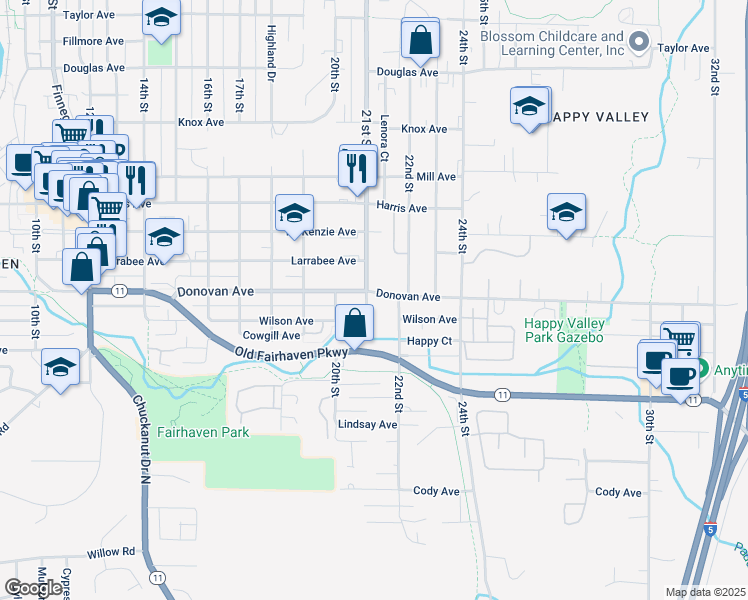 map of restaurants, bars, coffee shops, grocery stores, and more near 1613 21st Street in Bellingham
