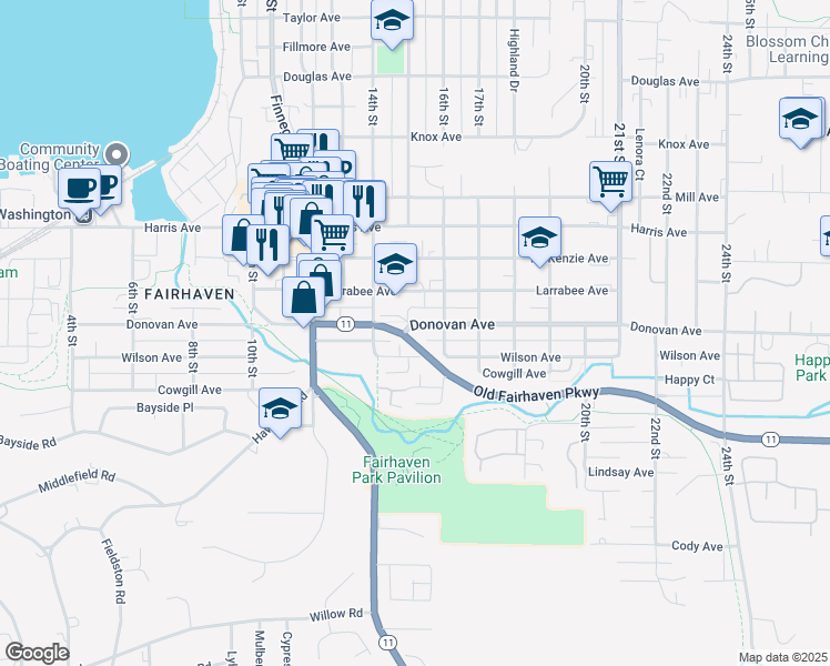 map of restaurants, bars, coffee shops, grocery stores, and more near 1500 Donovan Avenue in Bellingham