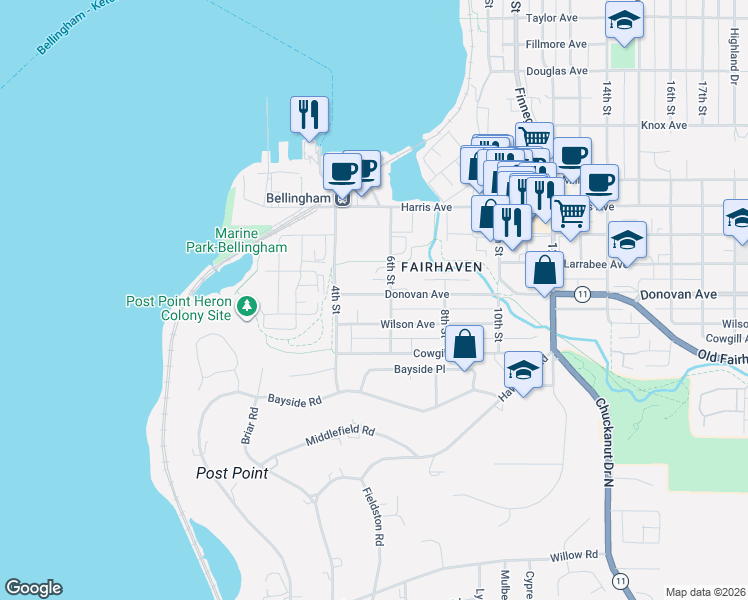 map of restaurants, bars, coffee shops, grocery stores, and more near 1610 6th Street in Bellingham