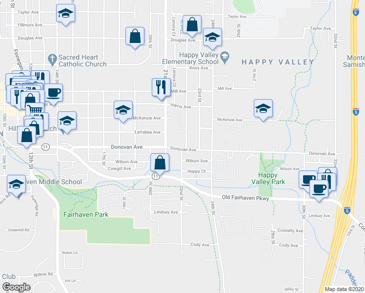 map of restaurants, bars, coffee shops, grocery stores, and more near 1611 22nd Street in Bellingham