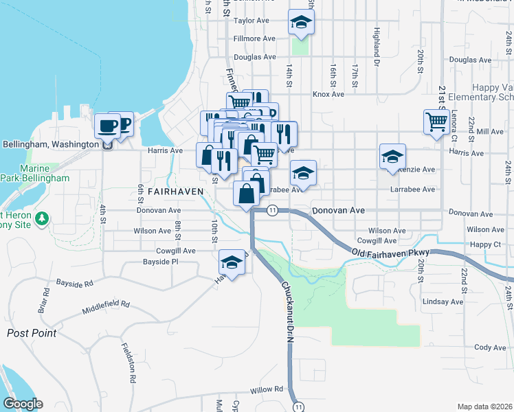 map of restaurants, bars, coffee shops, grocery stores, and more near 1501 12th Street in Bellingham