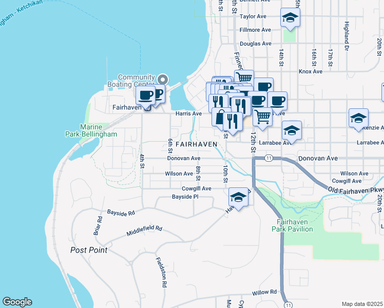 map of restaurants, bars, coffee shops, grocery stores, and more near 706 Larrabee Avenue in Bellingham