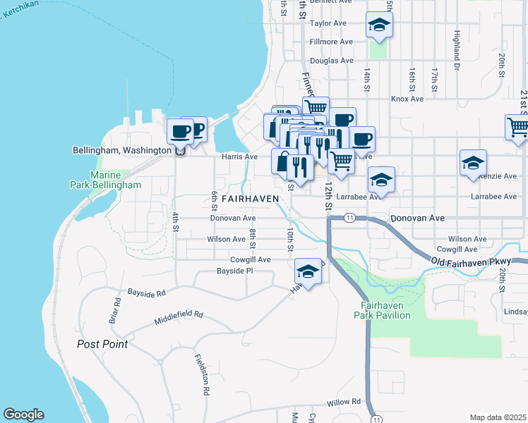 map of restaurants, bars, coffee shops, grocery stores, and more near in Bellingham