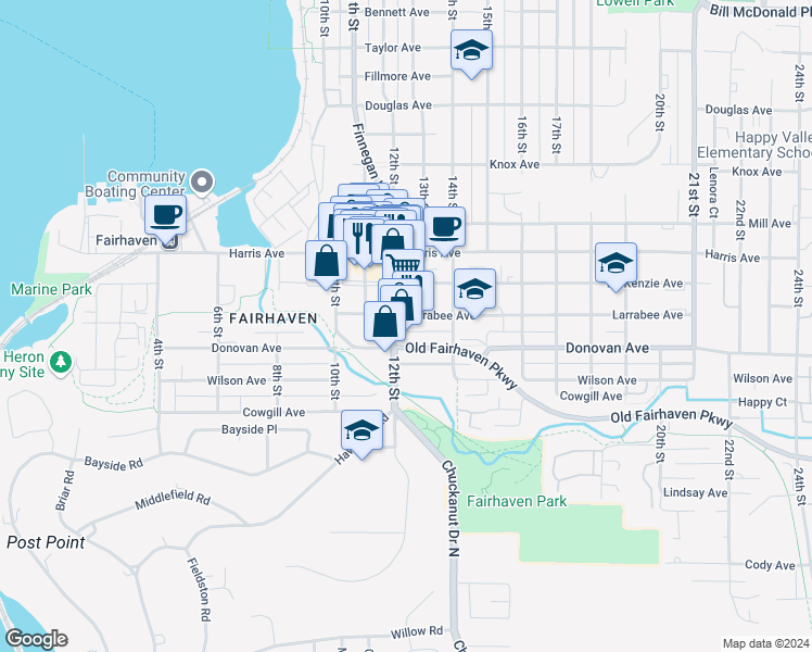 map of restaurants, bars, coffee shops, grocery stores, and more near 1501 12th Street in Bellingham